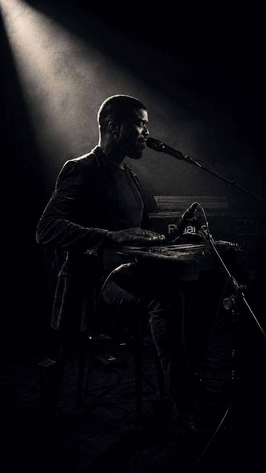 TJ Owusu singing and playing Weissenborn under a stage spotlight