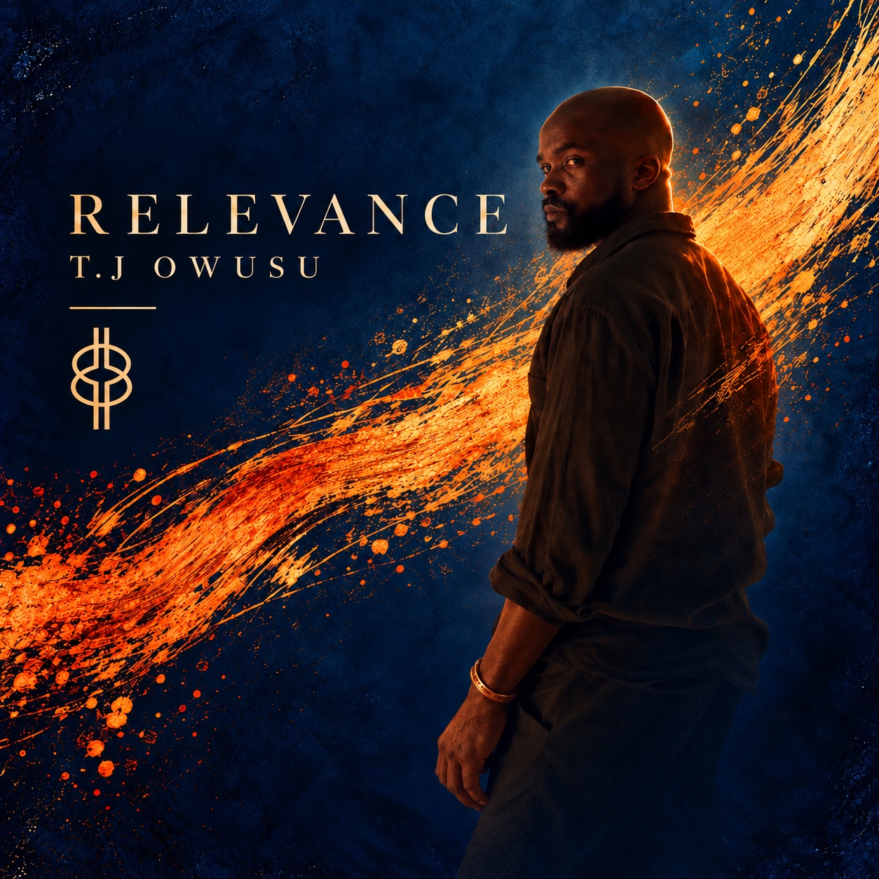 Relevance cover artwork with TJ Owusu, deep blue and an orange brushstroke